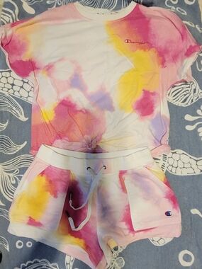 Champion Tie-Dye Crop Tee & Shorts Set - Pink Yellow Lavender